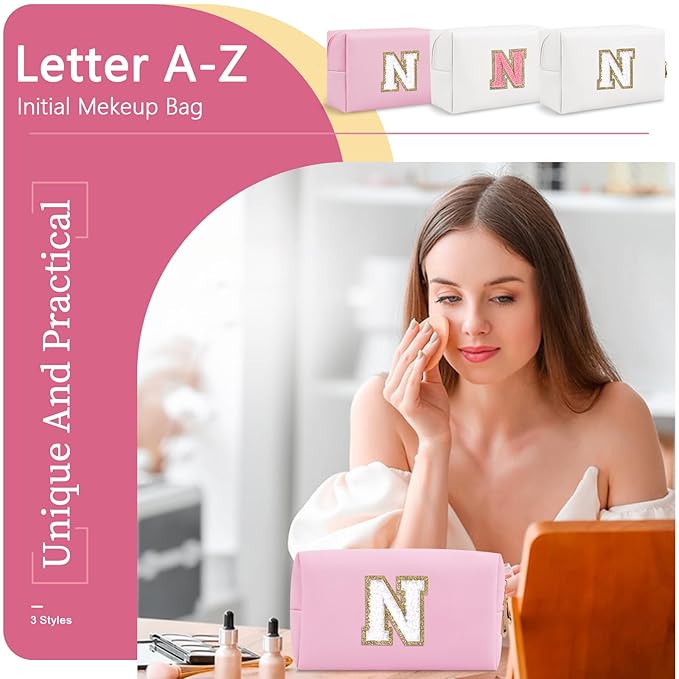 Personalized Initial A-Z Preppy Patch Makeup Bag,Small PU Chenille Letter Cosmetic Bag with Zipper for Teen Girls,Pink Cute Toiletry Organizer Bag,Monogram Makeup Case Gift for Women Girls,Letter N