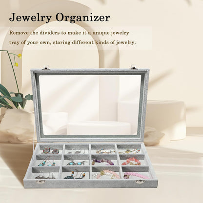 Stratalife Jewelry Holder Organizer Jewelry Organizer Box Bracelet Storage Velvet Jewelry Tray with Clear Lid Jewelry Drawer Organizer Jewelry Display Tray 12 Grid Grey