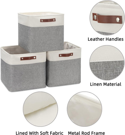 HNZIGE Storage Foldable Storage Baskets Cubes Set(3 Pack) Fabric Bins for Shelves,13 Inch Storage Basket for Organizing with Leather Handles for Home, Toys, Clothes,Closet Storage(White&Gray)