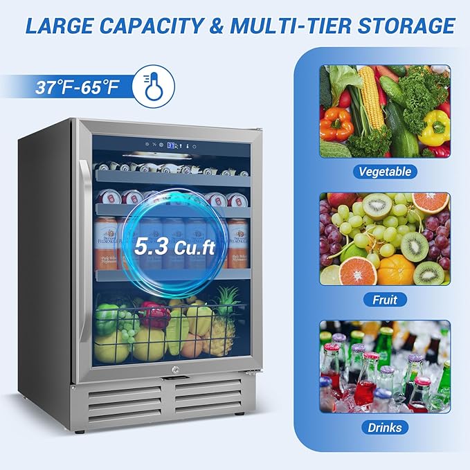 24" Beverage Refrigerator Undercounter | 180 Can Capacity | Built-In