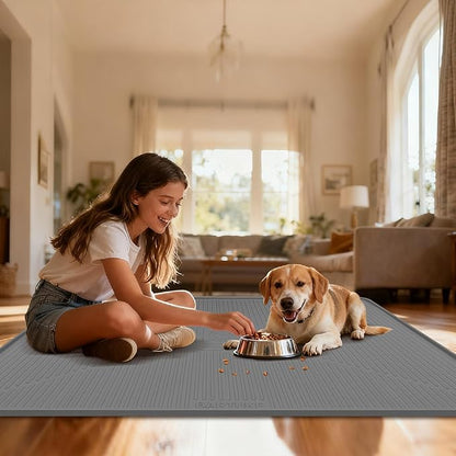 Lorvain Dog Food Mat, 45" x 30" Silicone Pet Feeding Mat with Raised Edges, Extra Large Pet Placemat for Dog Cat Food and Water Bowl Non-Slip, Easy to Clean, Waterproof & Floor Protection, Dark Grey