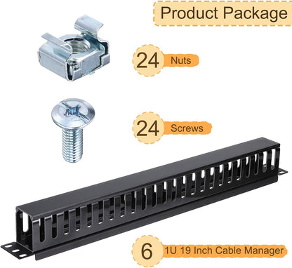 PATIKIL 1U 19 Inch Cable Manager, 6 Pack 24 Slot Horizontal Rack Mount Wire Management Metal Finger Duct Wire Organizer for Network Cabinet, Black