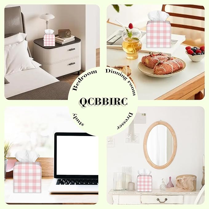 Pink and White Checkerboard Tissue Box Cover,Colorful Buffalo Check Plaid Waterproof Leather Square Tissue Box Cover Case Facial Paper Organizer Dispenser Box Holder for Home Office Bathroom Vanity