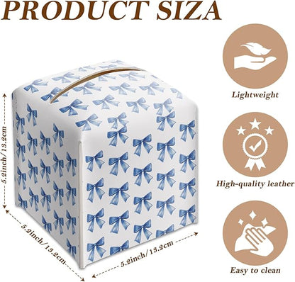 Blue Bow Tissue Box Cover Square, Leather Tissue Holder with Bottom Belt, for Nightstands Desks Office Bathroom Car Vanity Home Decor Supplies -014