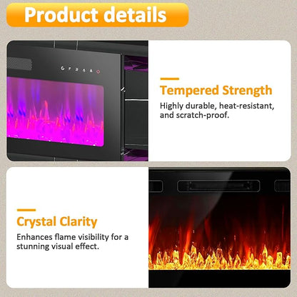 36" Electric Fireplace Insert, Wall Mounted & Recessed Heater, Slim
