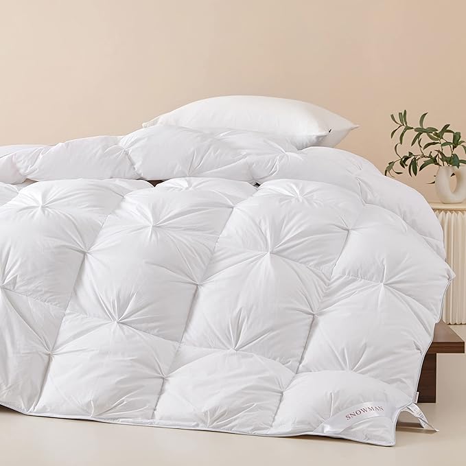 SNOWMAN Premium Down Comforter Cal King Size, Luxurious All Season Duvet Insert with Cotton Blended Fabric, Pinch Pleat Design Hotel Bedding Comforter (White,108"x98")