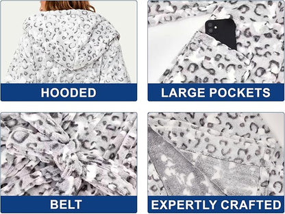 RONGTAI Womens Robes Plush Fleece Hooded Bathrobe Thick Nightgown with Pockets Fluffy Sleepwear