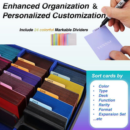 Venssu Card Storage Box For Trading Cards With Dedicated Card Supporters,3000+ Mtg Deck Box With 24 Colorful Divider Tabs,Trading Card Storage Fits For Magic Game Cards (Black and Blue)