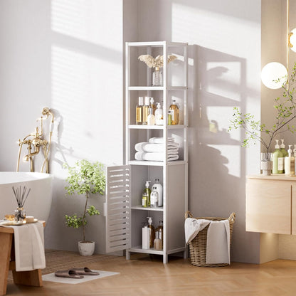 HITNET Bathroom Tall Cabinet, Floor Standing Bamboo Storage Cabinet with 6 Shelves and Shutter Door for Kitchen Living Room, White
