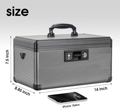 Medicine Lock Box with Key, Alluminum Alloy Box for Medication,First Aid Box with a Removeable Tray to Store Medicines & Pills for Home, Black, 14 * 8.46 * 7.48 Inch