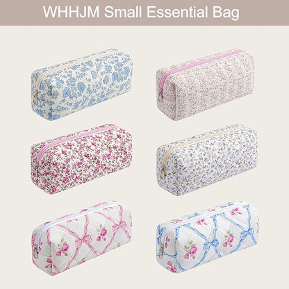 WHHJM Cute Floral Makeup Brush Bag Small Cotton Quilted Cosmetic Bag for Women Travel Toiletry Zipper Make Up Pouch (Purple Floral)