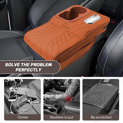 Car Center Console Armrest Pillow, 13.4"×7.5"×2" Leather Auto Arm Rest Cover with Pocket & Tissue Box & Cup Holder, Multifunctional Vehicle Armrest Cushion Pad, Car Accessories (Orange)