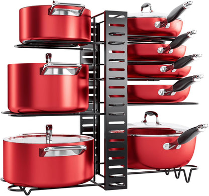 MUDEELA 8-Tier Pots and Pans Organizer under Cabinet, 16.61" Height Light Duty Pot and Pan Organizer Kitchen Cabinet Organization and Storage, Adjustable Pot Rack with 3 DIY Methods for Lids, Bakeware