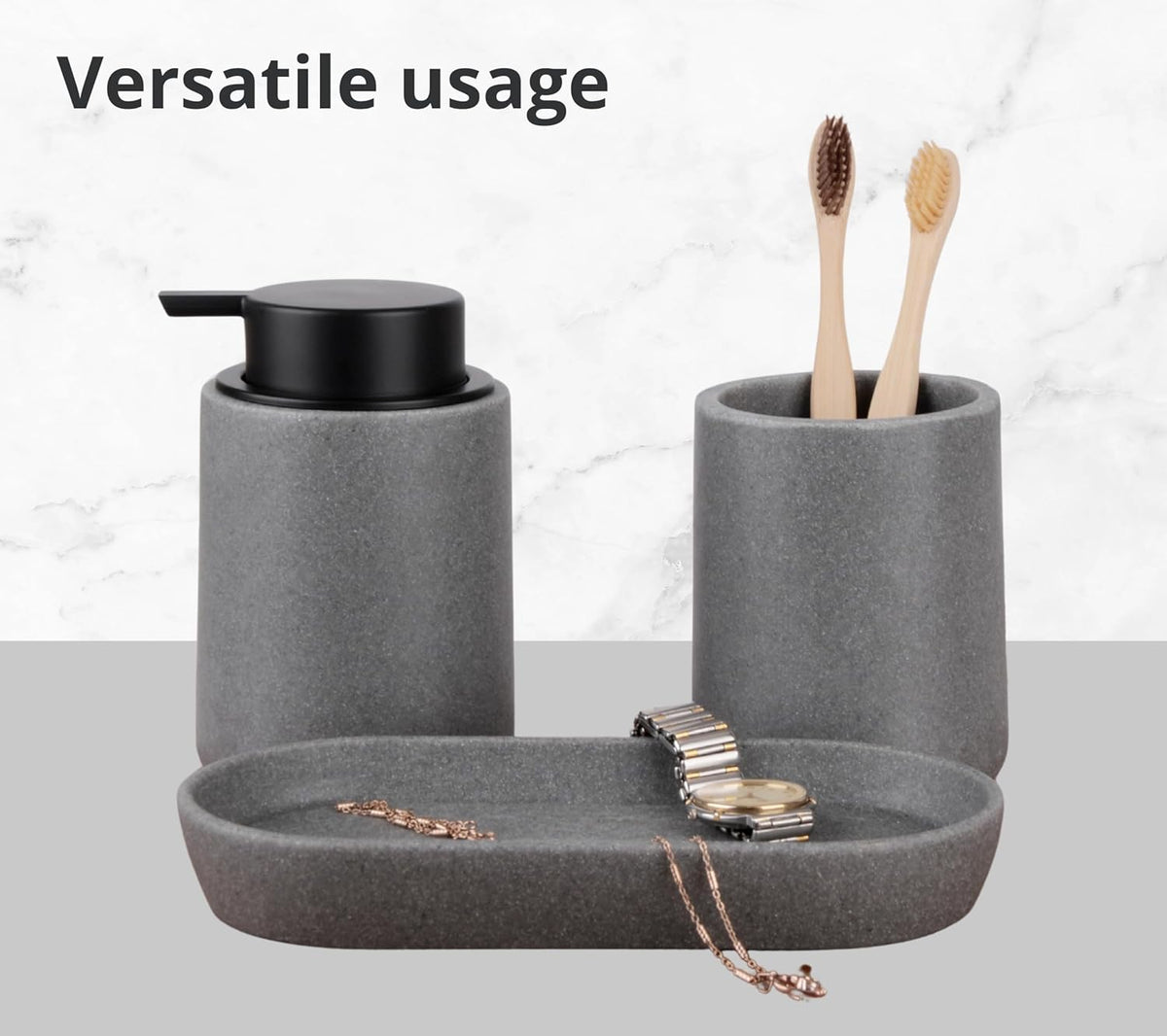 Grey Bathroom Accessories Set, 3 Pcs Resin Bathroom Accessories Complete Set, Sandstone Look Soap Dispenser with Large Pump, Toothbrush Cup, Soap Dish for Modern Home Decor and Kitchen