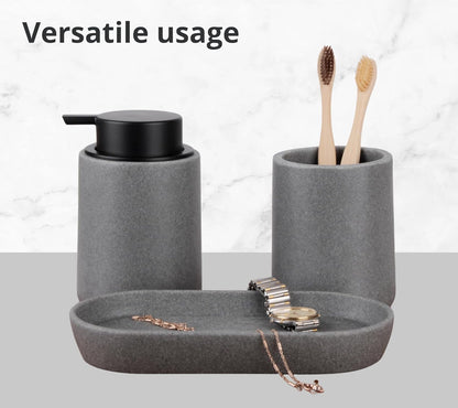 Grey Bathroom Accessories Set, 3 Pcs Resin Bathroom Accessories Complete Set, Sandstone Look Soap Dispenser with Large Pump, Toothbrush Cup, Soap Dish for Modern Home Decor and Kitchen
