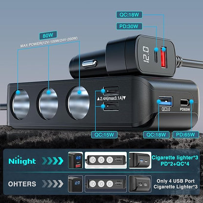 Nilight 9 in 1 Cigarette Lighter Adapter Splitter 3 Sockets PD 65W and QC3.0 18W Ports with Independent Switches LED Voltage Display for 12V 24V Cars SUV Van Truck Jeep Camper
