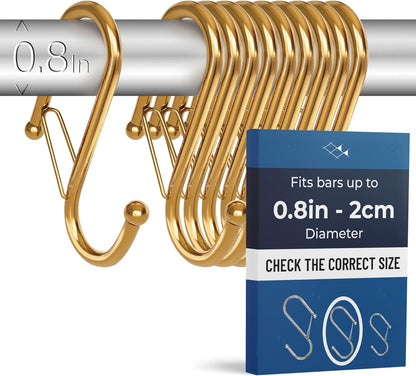 10-Pack Metal S Hooks for Hanging – Heavy-Duty S-Shaped Hook with Safety Buckle – Fits Bars up to 0.8 In – Anti-Drop S-Hooks for Kitchen, Bathroom, Closet & Pot Racks – Gold (Medium)