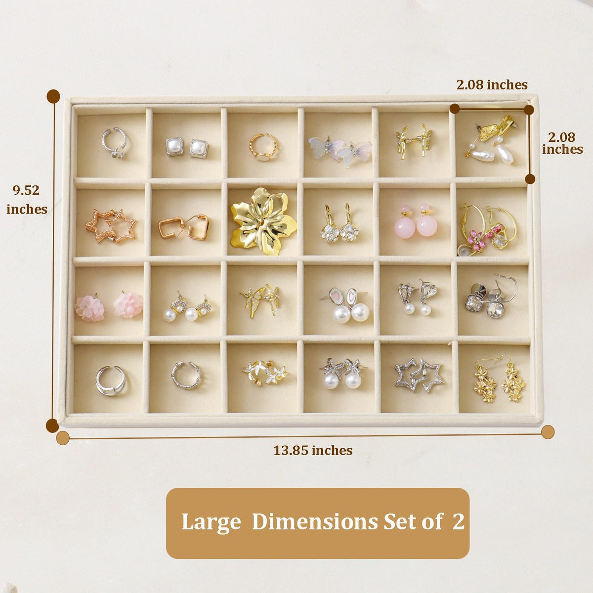Large Velvet Jewelry Tray 2 Pack Stackable Jewelry Display Drawer Inserts Trays Organizer for Earring Bracelet Necklace Ring (Beige, 24 Grids)