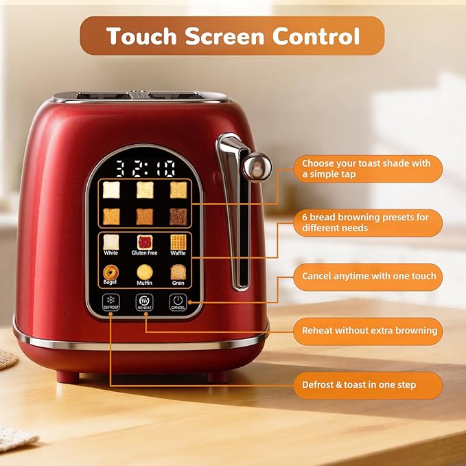 Mecity Toaster 2 Slice, Touch Screen Wide Slot Retro Toaster