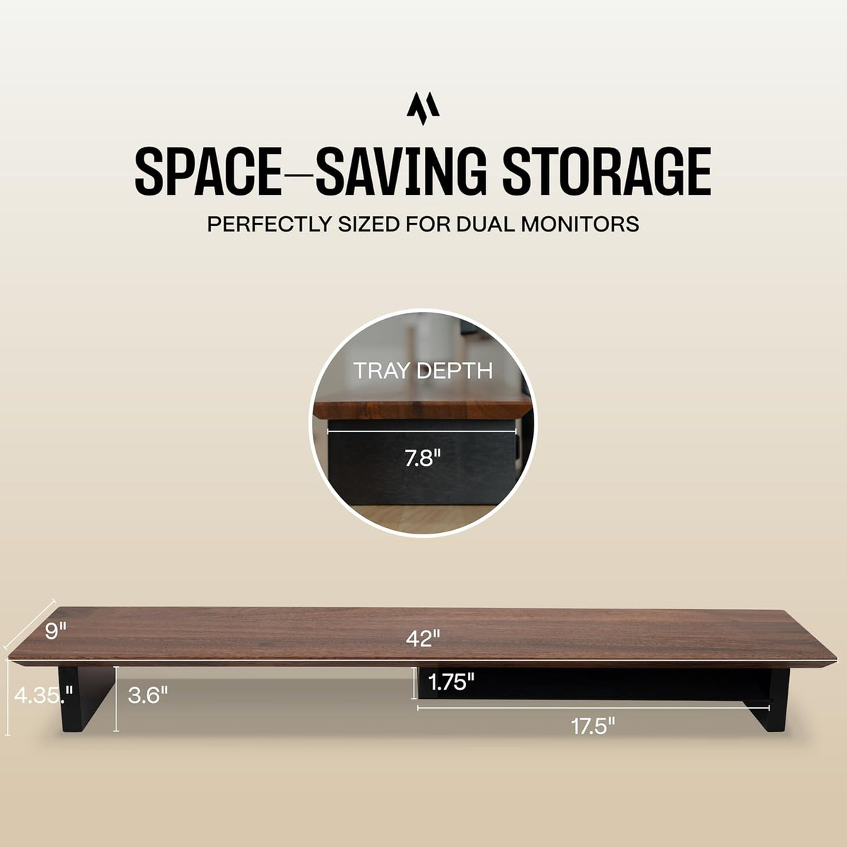 Solid Wood Dual Monitor Stand Riser – 43" Walnut Desk Shelf for 2 Monitors with Tray & Wool Felt, Organizer for Desktop, Laptop and Office (Solid Walnut)