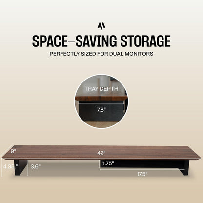 Solid Wood Dual Monitor Stand Riser – 43" Walnut Desk Shelf for 2 Monitors with Tray & Wool Felt, Organizer for Desktop, Laptop and Office (Solid Walnut)
