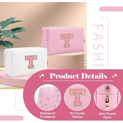 Personalized Initial A-Z Preppy Patch Makeup Bag,Small PU Leather Chenille Letter Cosmetic Bag with Zipper for Teen Girls,Pink Cute Travel Toiletry Bag,Birthday Monogrammed Gift for Daughter,Letter T