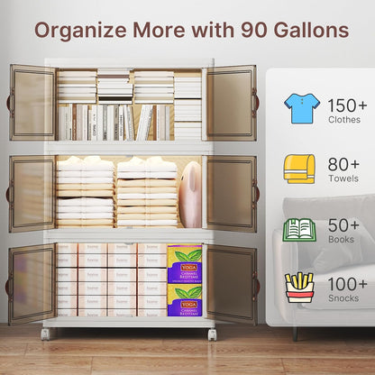 480Qt Stackable Storage Bins with Lids, 4 Pack Large Collapsible Bins with Wheels, Plastic Cabinet with Doors, Foldable Closet Organizers and Storage for Home, Dorm, Office, White
