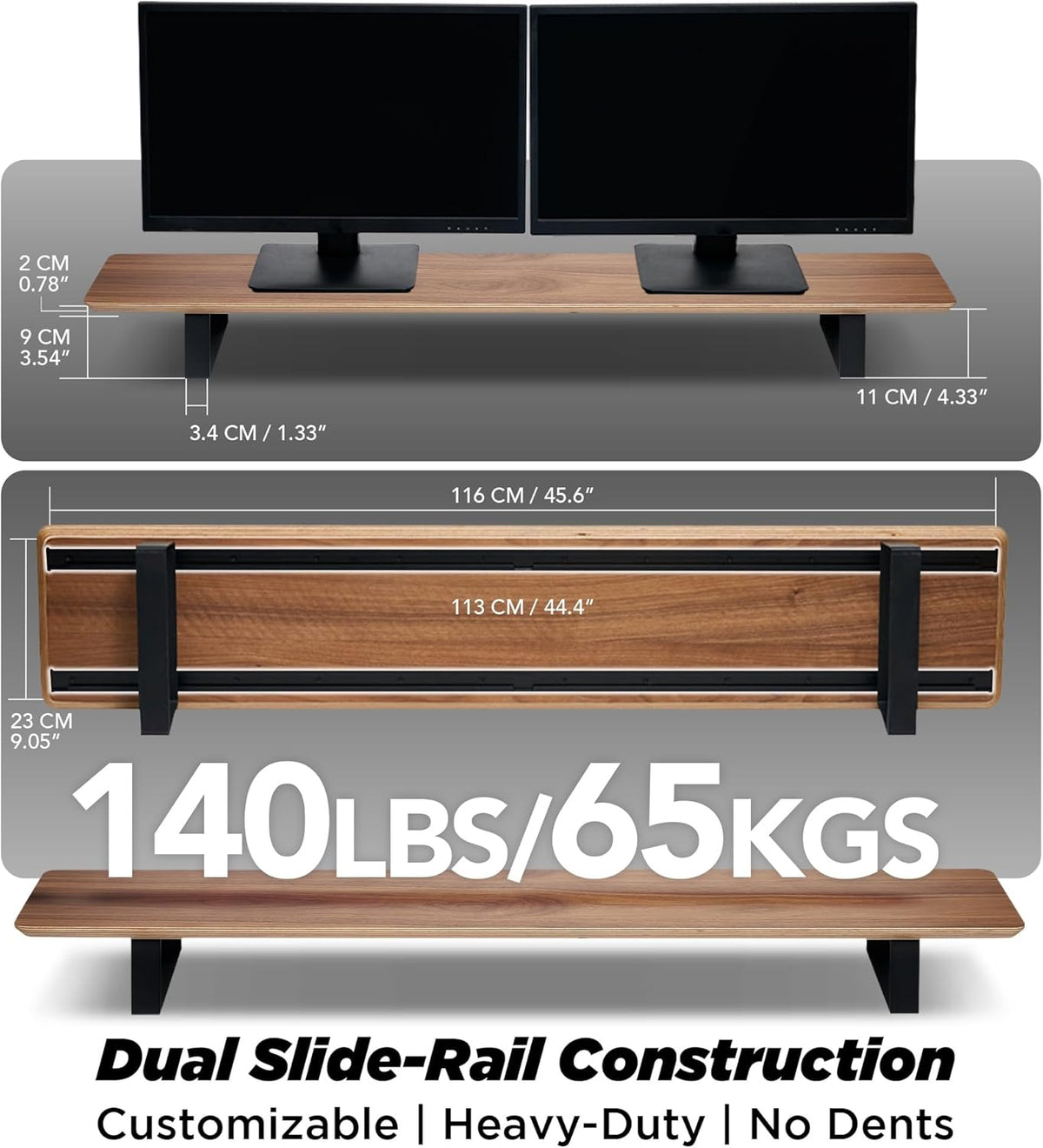 Moodular Wooden Monitor Stand 45.6” (116cm) Large Desk Organizer with Metal Slide Rails for Drawer, Tray, Laptop, Tablet, Phone & Headphones Customizable Riser for Organized Workspace Walnut