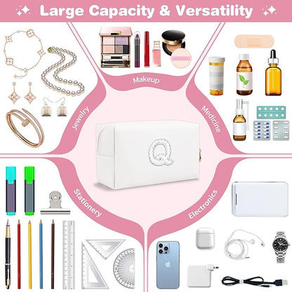 Bride Gifts – Personalized Initial Makeup Bag with Pearl Rhinestone Patch, Preppy White Monogram Cosmetic/Toiletry Pouch, bridesmaid Gifts, Bridal Shower Gifts, Wedding Gifts, Bridal Gifts,Q
