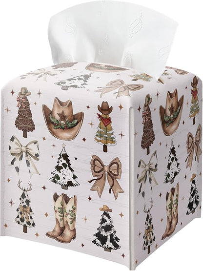 Country Christmas Tissue Box Holder, Cowgirl Boots Hat Christmas Trees Leather Tissue Box Cover Square, Paper Facial Decorative Tissues Cover for Bathroom Kitchen Office Home Decor-B33