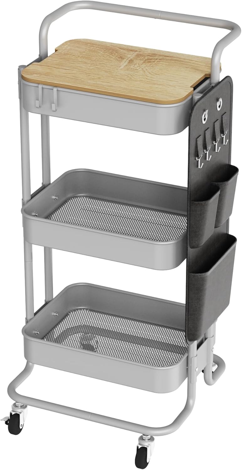 DTK 3 Tier Metal Utility Rolling Cart with Table Top and Side Bags, Tray Storage Organizer Wheels, Art Craft 4 Hooks for Kitchen Bathroom Office Living Room(Grey)