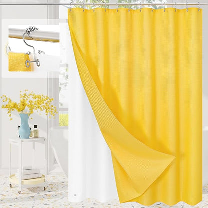 Craidlela 3 in 1 Long Yellow Shower Curtain Set-72 W x 78 H, Modern Waffle and PEVA Liner Set with 12 Stainless Steel Hooks, Waterproof Fabric for Bathroom