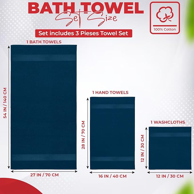 RIVERSIDE 3-Piece Towel Set, 1 Bath Towel, 1 Hand Towel, 1 Washcloth, 550 GSM Ring Spun Cotton, Soft, Quick Dry, Absorbent Bathroom Towels for Home, Gym, Spa, Blue Opal