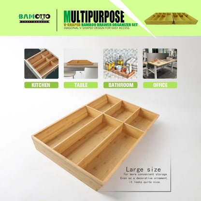 V-Shaped Extra Large Bamboo Drawer Organizer Set of 2, Kitchen Cutlery Tray Utensil Plate, Flatware&Silverware Storage Box, Wood Organizer for Bedroom, Living Room (19.6"x14.6" & 19.6"x12.4")