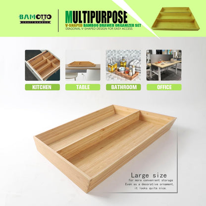 2-Piece V-Shaped Bamboo Drawer Organizer - Ideal for Kitchen's Large Long Tableware, Cooking Utensils, Flatware, Silverware - Wood Storage Box for Home, Bedroom, Bathroom (19.6"x12.4" & 19.6"x7.8")