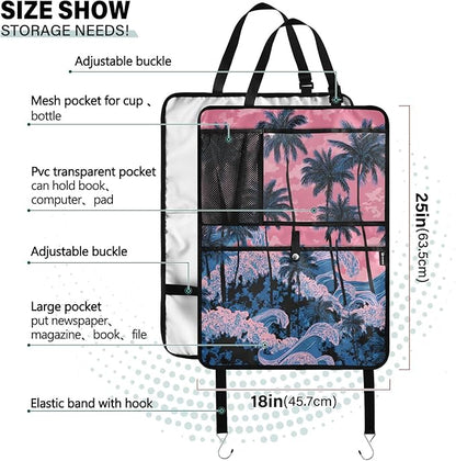 1 Pack Back Seat Car Organizer with Storage Pockets Kick Mats Back Seat Protector Hanging Car Organizer Automotive Seat Back Cover Organizers Palm Tree Wave Pink