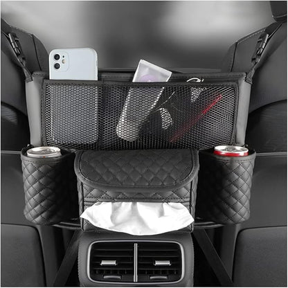 XINLIYA Car Handbag Holder Between Seats, PU Leather Multi-Pocket Large Capacity Purse Holder, Auto Net Bag Barrier of Backseat Pet Kids, Car Seat Organizers and Storage for Cargo Tissue Cup（Black）