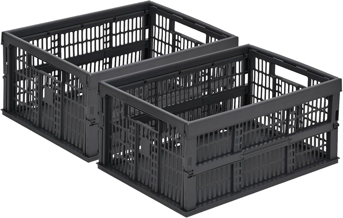 2-Pack Pastel Plastic Storage Baskets, Collapsible Crates for Organizing, Space-Saving Bins for Classroom, Kitchen, Office, Bedroom (Dark Grey, 19" x 13" x 9")