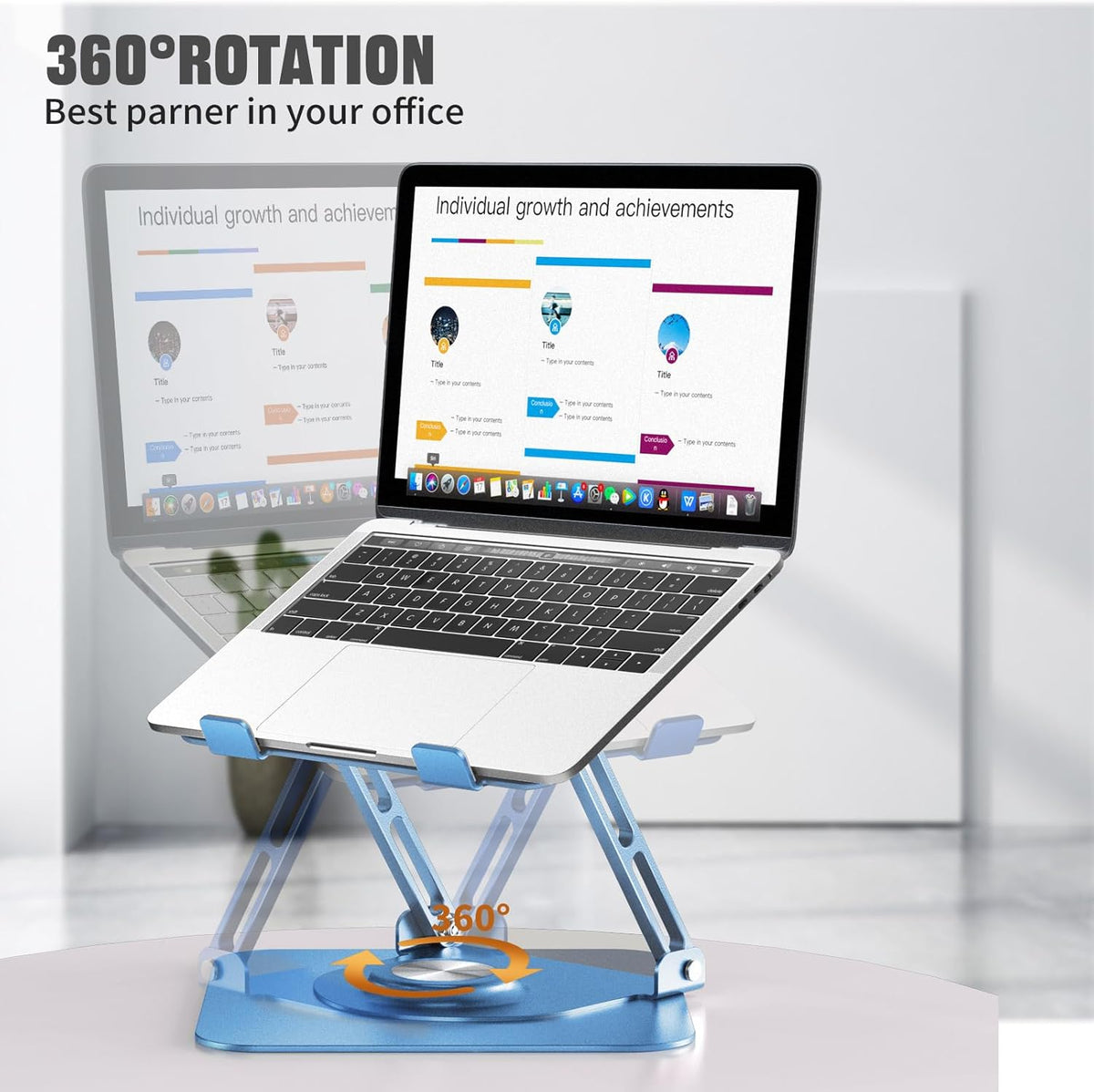 Laptop Stand for Desk, Adjustable Computer Stand with 360° Rotating Base, Ergonomic Laptop Riser for Collaborative Work, Foldable & Portable Laptop Stand, fits for All 10-16" Laptops (Blue)