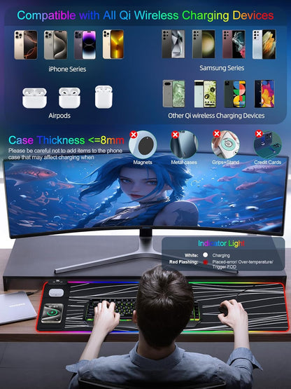 XXL Mouse Pad with Phone Holder, RGB Desk Mat with 15W Fast Charging, LED Large Gaming Mouse Pad with 11 Lights Colors, Long Mouse Pads, Waterproof Non-Slip Desk Pad for Gamer Esports Pros
