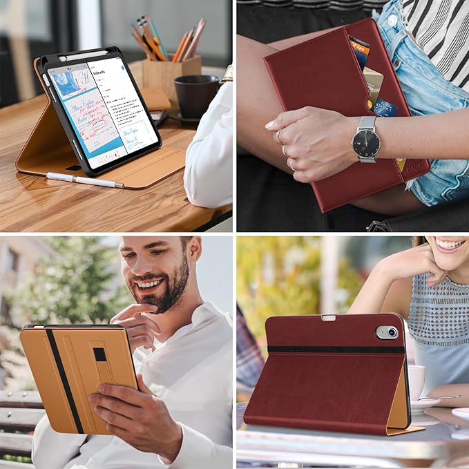 DTTO for iPad (A16) 11th Generation Case 11 Inch 2025, iPad 10th Generation Case 10.9 Inch 2022, Premium Leather Business Folio Stand Cover with Pencil Holder - Auto Wake/Sleep, Burgundy Red