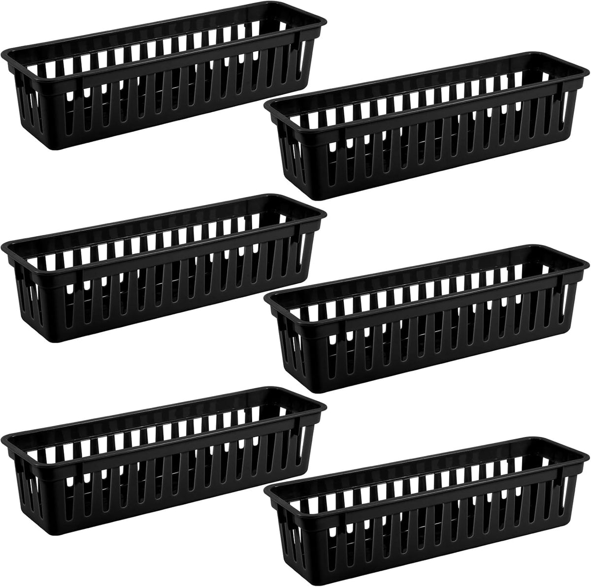 6 Pcs Black Slim Plastic Storage Baskets Tray 10 x 3 x 2.5 Inch Compact Stackable Desk Organizer for Office, Classroom, School Supplies, and Home Storage, Organization(Black)