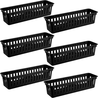 6 Pcs Black Slim Plastic Storage Baskets Tray 10 x 3 x 2.5 Inch Compact Stackable Desk Organizer for Office, Classroom, School Supplies, and Home Storage, Organization(Black)