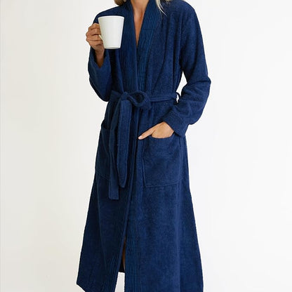 Nine Space Turkish Cotton Pleated Trim Terry Robe | Luxurious Bathrobe, Soft Spa Robe, Cozy Lounge Wear for Women