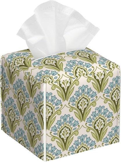 POIUBLE Tissue Box Holder Green and Blue Floral Tissue Box Cover Square Leather Tissue Holder Organizer Portable Decorative Facial Paper Case for Home Office Bathroom Vanity Countertop