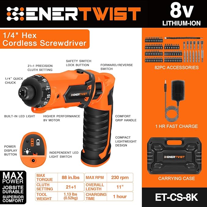 ENERTWIST 8V Cordless Electric Screwdriver, 21+1 Cluth, Dual Position Handle
