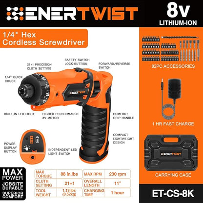 ENERTWIST 8V Cordless Electric Screwdriver, 21+1 Cluth, Dual Position Handle