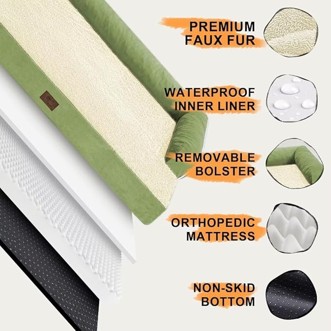 Large Dog Bed Orthopedic Washable - Beds Bolster - Extra Large Big Dogs - Memory Foam Couch Sofa - Waterproof with Removable Cover - Grass Green Dog Bed