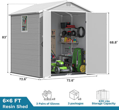 Devoko 6x6 FT Plastic Outdoor Storage Shed - Lockable Resin Tool Shed with Window & Floor - Easy Assembly for Garden, Backyard, Light Gray