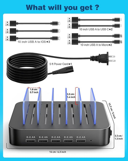 MSTJRY Charging Station for Multiple Devices : 5 Port Multi USB-A Charger